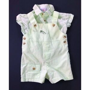 Frog Shortalls Gingham Shirt 3 - 6 Mos Light Green Linen Blend Baby Outfit Cute